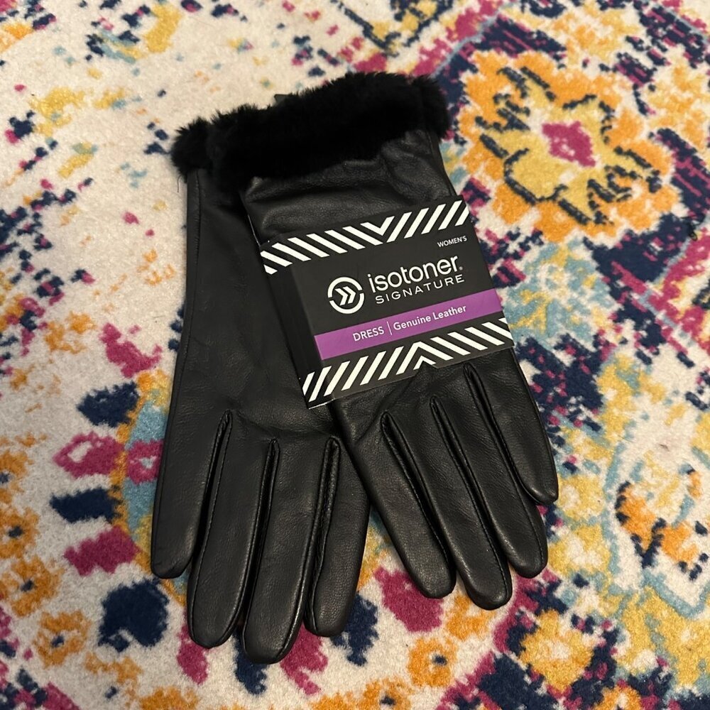 Isotoner Womens Signature Dress Leather Gloves Size 8 Large Faux Fur Black